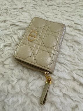 Dior Cannage Quilted Zip Wallet in Beige with Gold Hardware